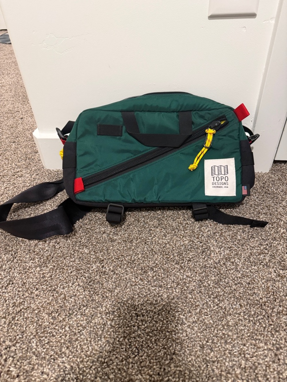 Topo Designs Green Waist Pack with Yellow and Red Accents